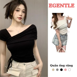 Áo trễ vai croptop phối dây rút eo ôm body bền mát, áo lệch vai xinh egentlehanoi