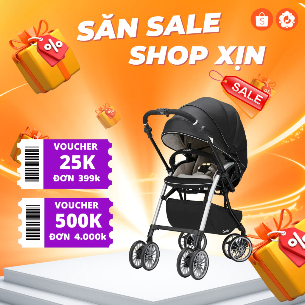 Xe đẩy Combi Umbretta Premium 4 bánh quay tự động bảo hành 2 năm - màu ghi