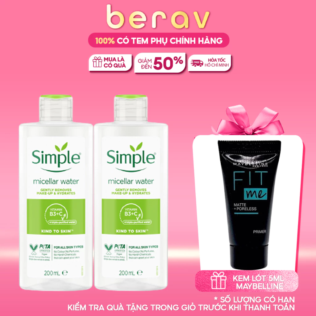 Combo 2 Chai Nước Tẩy Trang Simple Kind To Skin Micellar Water Làm Sạch Sâu Bụi Bẩn 200mlx2