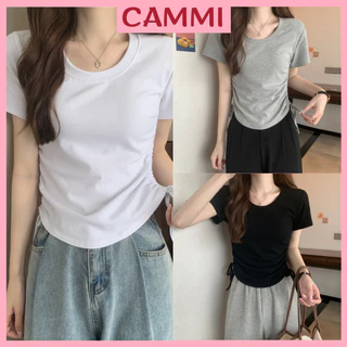 Áo thun croptop cổ tròn trơn nữ rút sườn 2 bên phom ôm fit chất thun tăm co dãn mát lạnh SA187