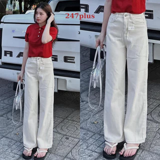 Quần jean ống rộng bò kem, quần jeans suông cạp cao hách dáng cá tính phong cách Hàn - 247plus - Qjreantron7433_P12K9