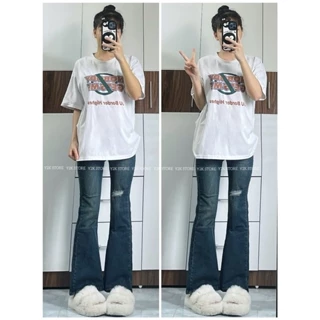 Quần jean nấm lùn 9 tấc nữ ống loe cạp cao rách đùi, quần bò rin 90cm co giãn, jeans retro lưng cao LANUCA