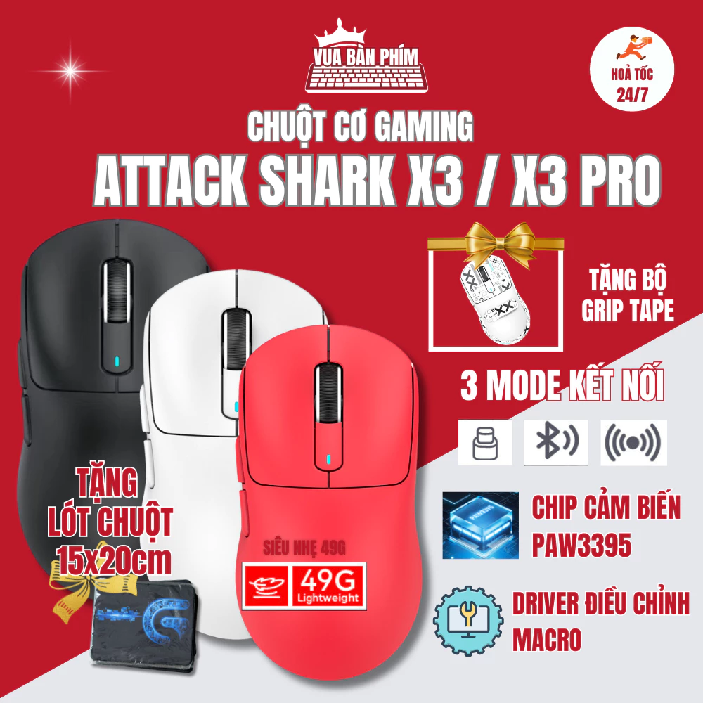 Chuột máy tính không dây gaming Attack Shark X3 / x3 pro bluetooth, siêu nhẹ 49g ,chip Paw 3395 siêu mạnh