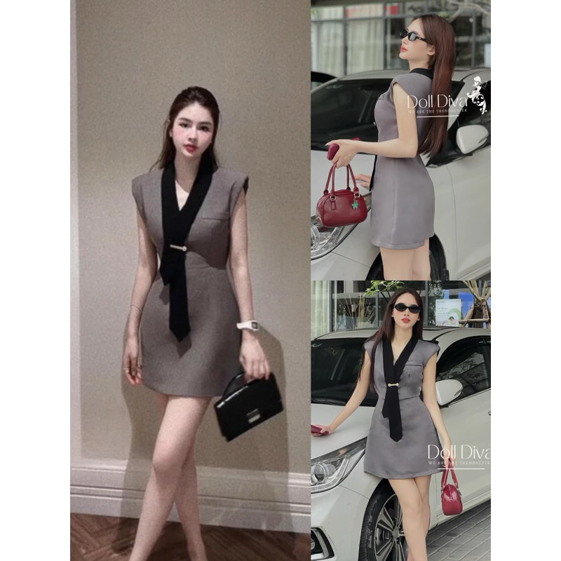 [HÀNG CÓ SẴN - Nhập Mã DOLLHAD giảm 60k] V72 Đầm Vest Thiết Kế Màu Ghi Xám Kèm Ghim Cài Doll Diva