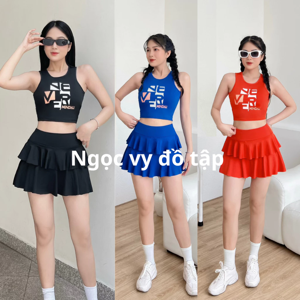 Set  Váy 2 tầng áo Sát Nách Tập Gym Yoga Nữ  Chạy Bộ Chơi Cầu Lông, Đi Bơi Vải Co Giãn 4 Chiều kèm mút