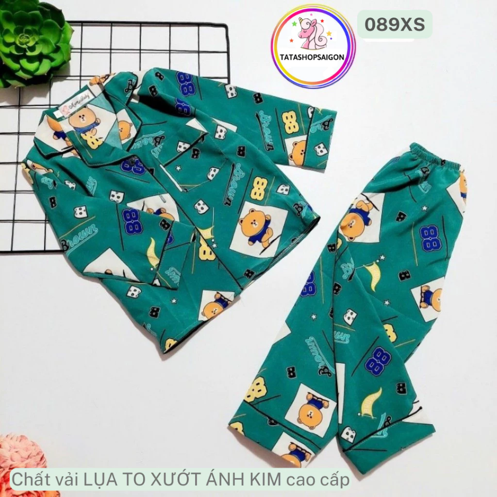 11- 40KG - Bộ Pijama tay dài cho bé gái chất lụa tơ xước ánh kim mềm mát 089