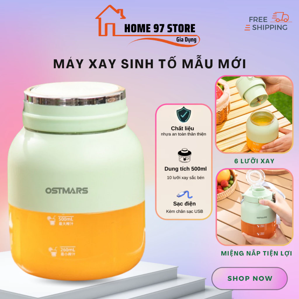 Máy xay sinh tố cầm tay mini sạc tích điện, máy xay OSTMART dung tích 500ml 10 lưỡi dao sắc bén nhỏ gọn tiện dụng