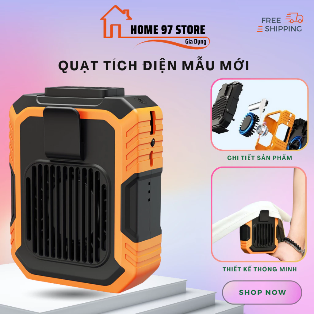 Quạt Tích Điện Kiêm Sạc Dự Phòng 6000mAh Đeo Thắt Lưng, Đeo Cổ, Cầm Tay Để Bàn Với 3 Mức Gió, Cổng Sạc Type C Tiện Dụng