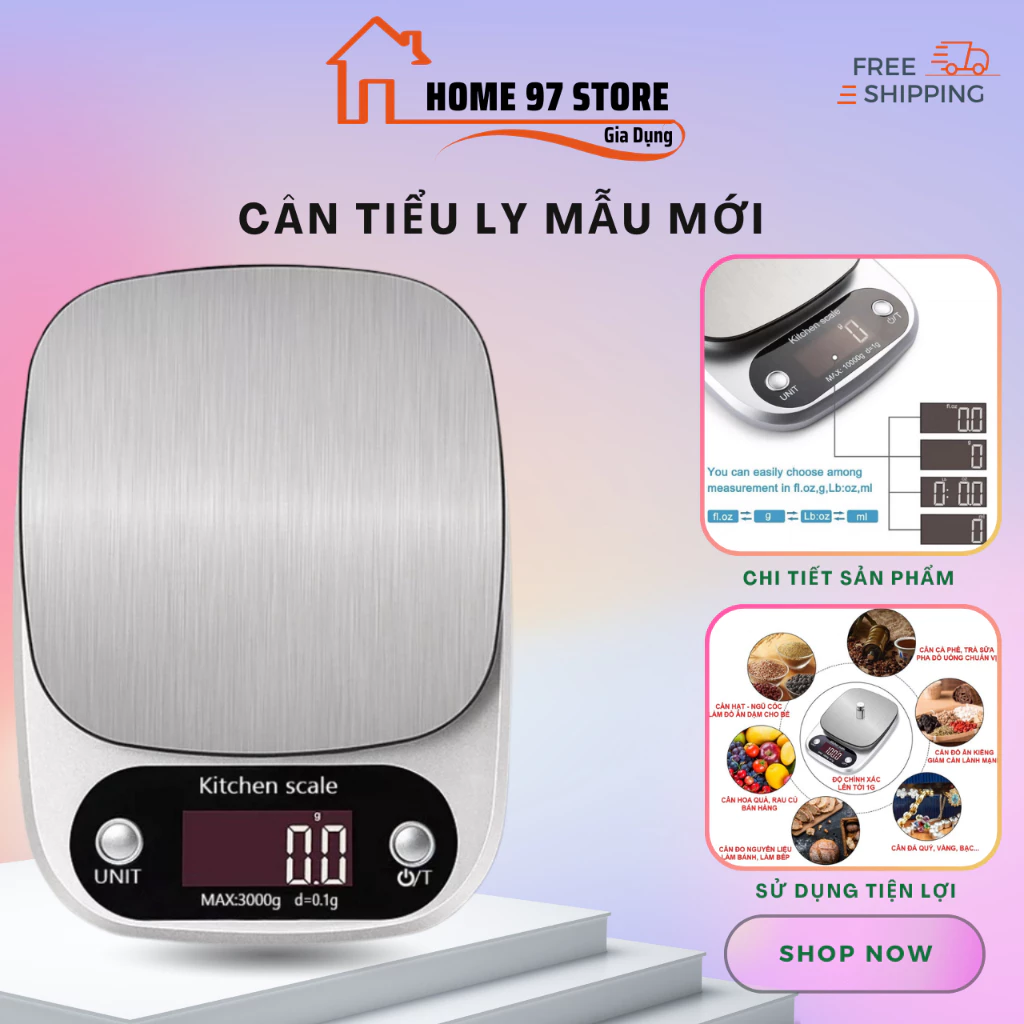 Cân Nhà Bếp Kitchen Scale 3kg/0.1g - 10kg/1g. Cân Tiểu Ly Gia Vị. Màn Hình LCD Độ Chính Xác Cao