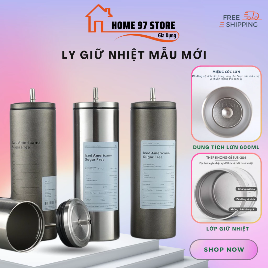 Ly giữ nhiệt iced americano inox 304 DÁNG CAO, bình giữ nhiệt dáng cao có ống hút tiện lợi