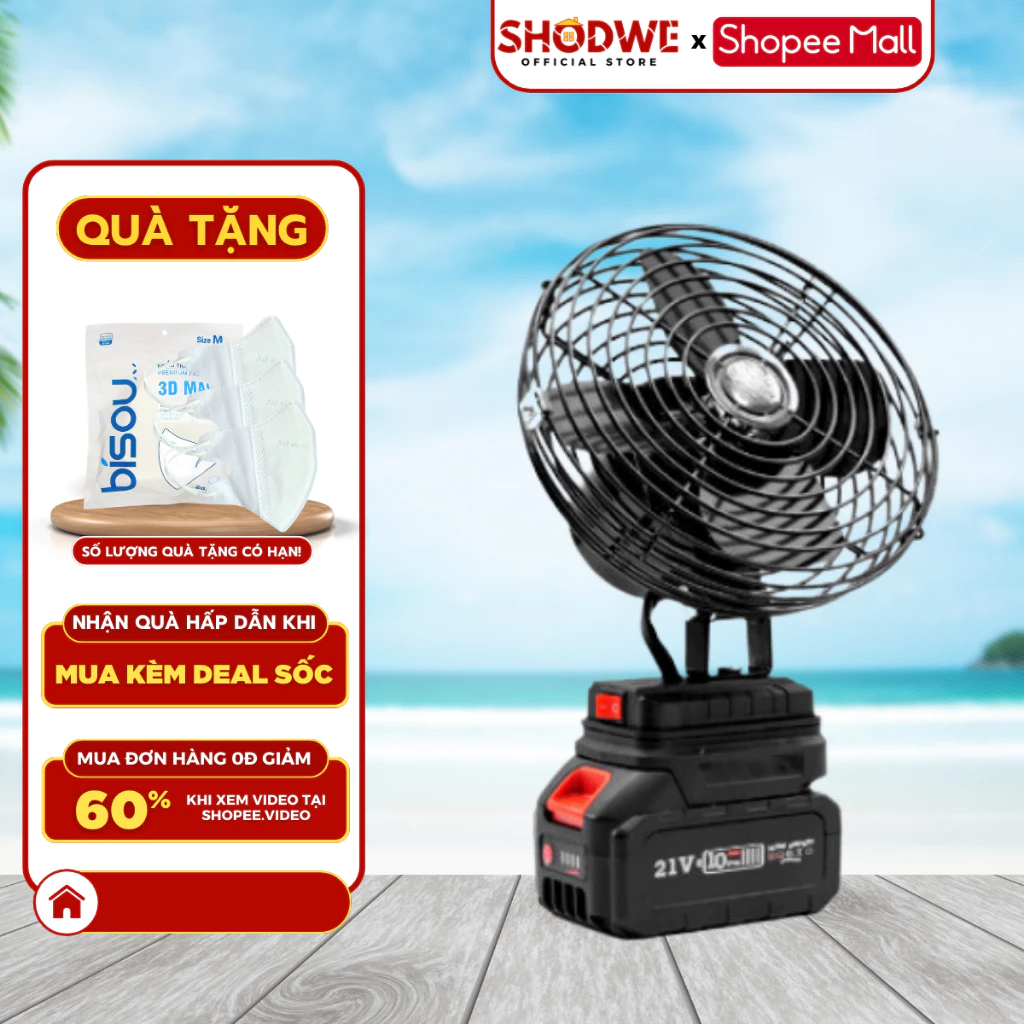 Quạt Tích Điện SHODWE Đế Pin Makita 18v Phổ Thông Kích Thước 8inch, Chất Liệu Thép Sơn Tích Điện Tiện Lợi