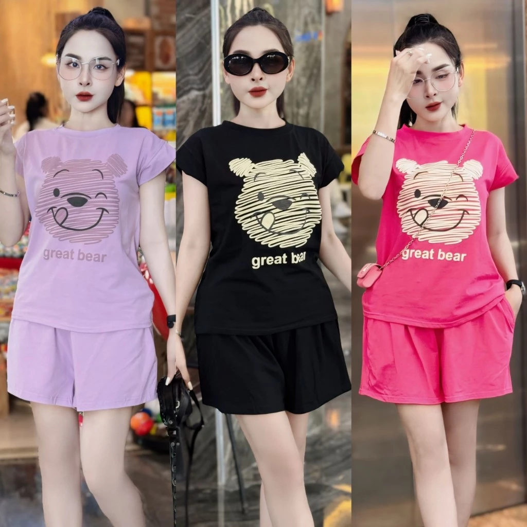 Bộ Quần Áo [Form Vừa 37-55kg], Họa Tiết Hình Gấu Great Bear Một Màu Tay Hến, Chất Cotton Mịn (Chất Mát Và Co Dãn)