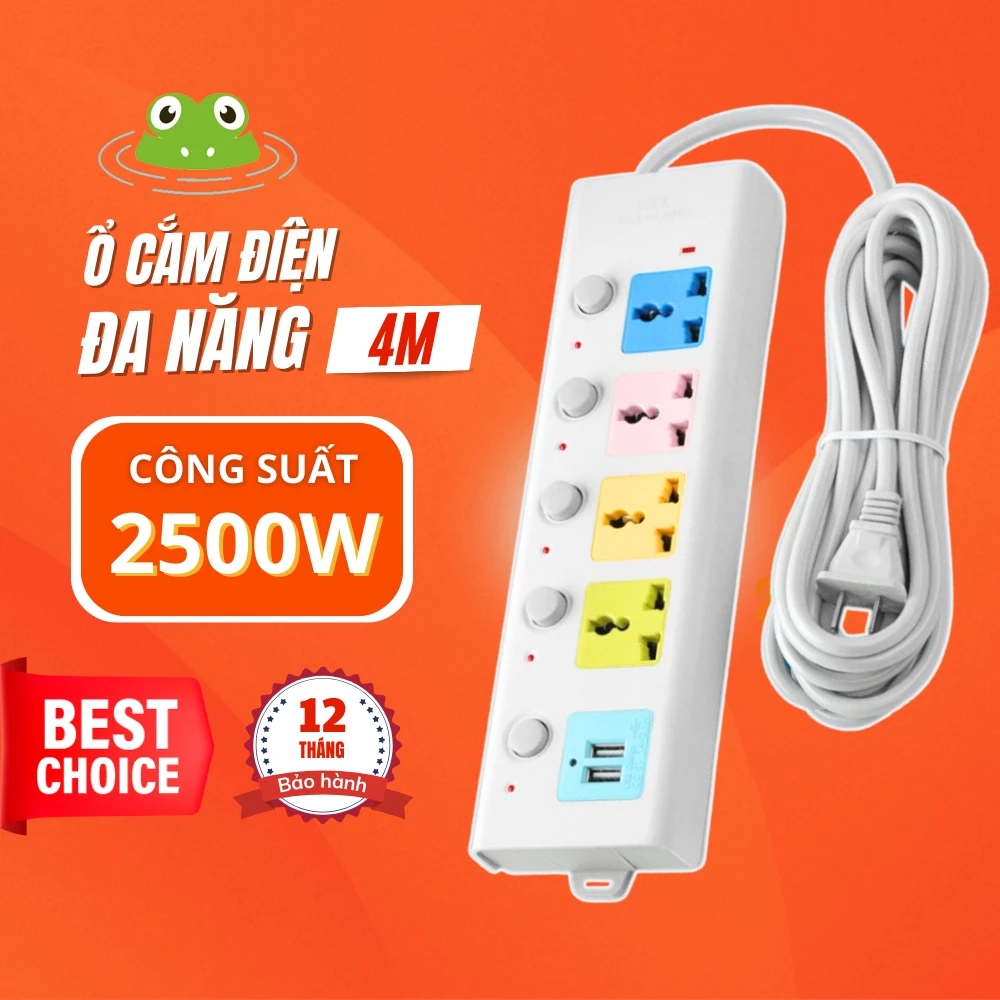 Ổ Cắm Điện USB Đa Năng Cao Cấp Chống Giật Dây Dài 4m, 2 Cổng Cắm USB Có Chốt An Toàn Tiện Dụng OD01