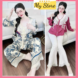 [ Hot ] Đồ bộ nữ quần dài mặc nhà Pyjama dễ thương, bộ ngủ tay dài lụa latin cao cấp hàng thiết kế freesize dưới 62kg