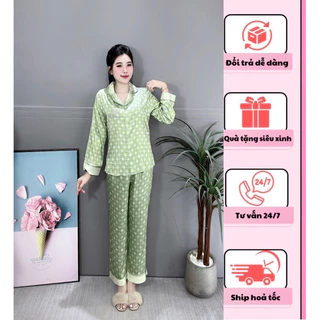 Đồ Bộ Pijama Nữ Lụa Cao Cấp Cổ Phối Trẻ Trung Quần Dài  Mặc Nhà Đẹp Mềm Mịn Thấm Hút Thoáng Mát