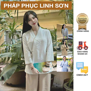 Set Pháp Phục, Đồ Lam đi chùa truyền thống viền chéo, vải đũi, thắt nơ, tay lỡ vải mềm mịn - Đồ Lam cao cấp Linh Sơn