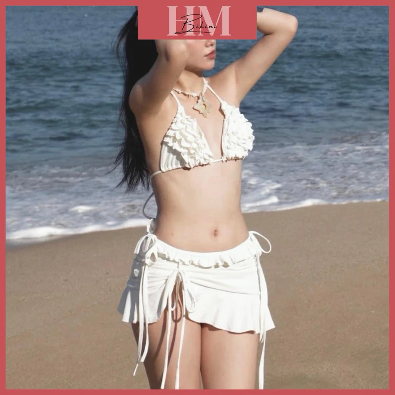 [Hoả Tốc-HCM] Bikini 3 Mảnh Tam Giác Đính Bèo Hot 2024 Kèm Váy Rút