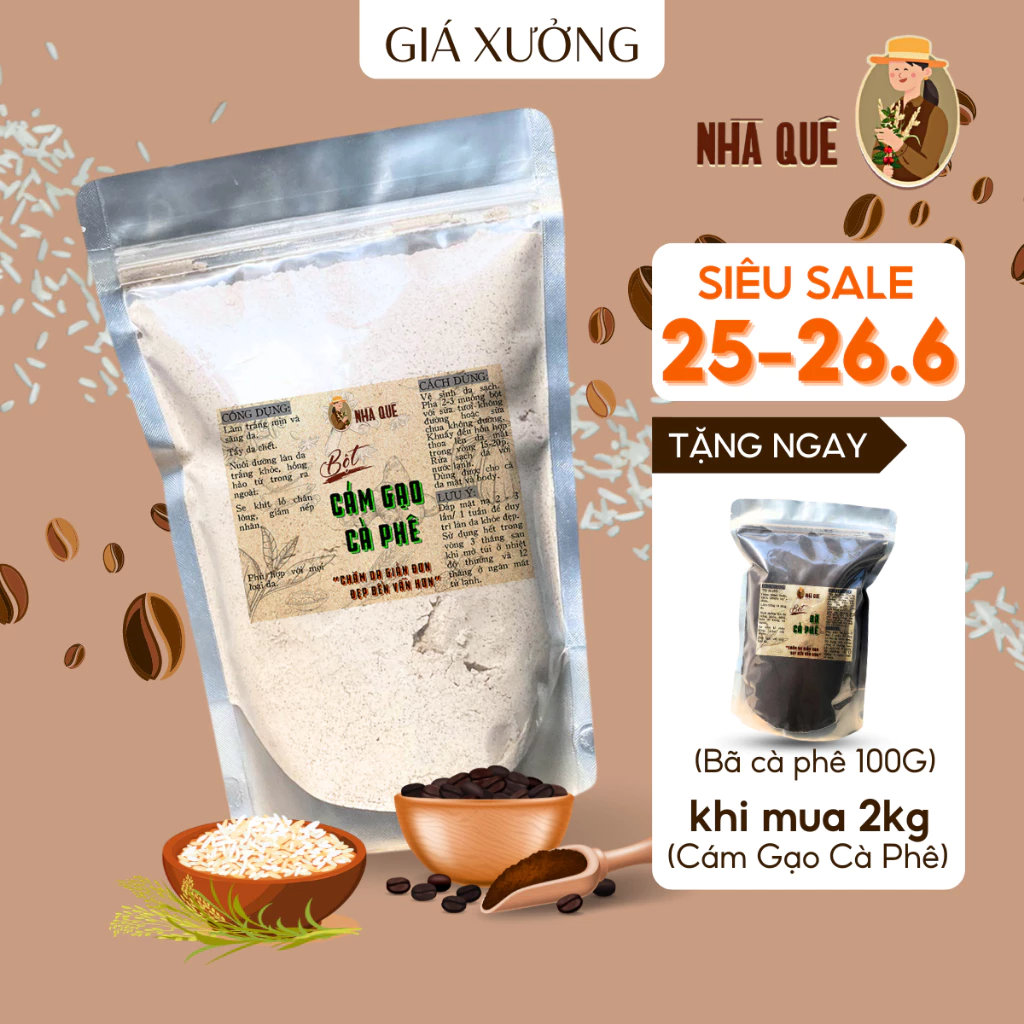 Bột Cám Gạo Cà Phê Handmade 100% nguyên chất đắp mặt trắng da tẩy tế bào chết body 1Kg