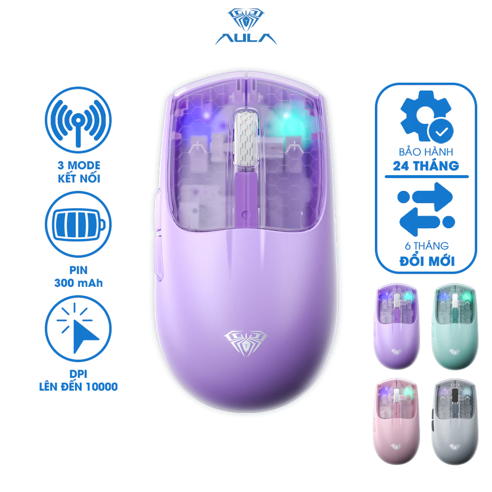 Chuột không dây AULA SC560 3 mode kết nối Bluetooth USB 2.4Ghz và dây Type-C Siêu nhẹ LED Trong Suốt