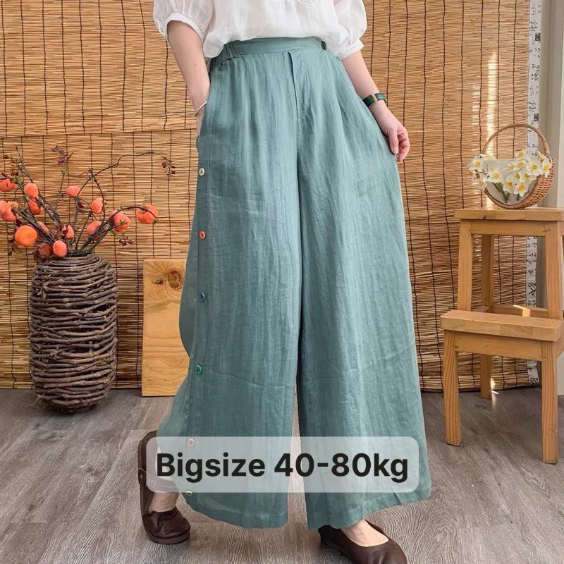 Quần Suông Ống Rộng Cạp Cao ( có bigsize 40-75kg) chất Linen lên form đẹp-HVS-Mã 16