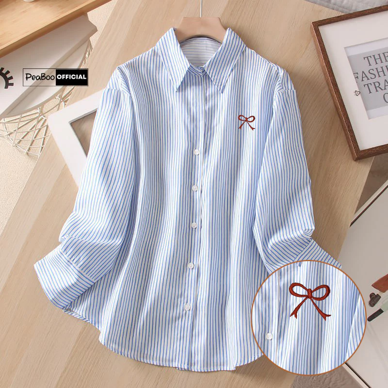 Áo Sơ Mi Kẻ Thêu Hoa BST04 Dài Tay Unisex By PEABOO Form Rộng Thoáng Mát Dành Cho Nam Nữ