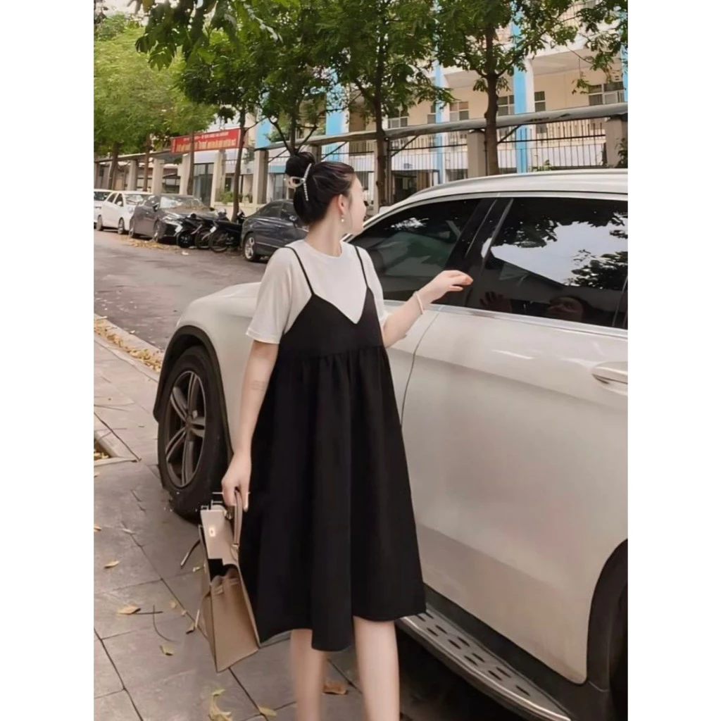 (45-100kg)Váy bầu,đầm bầu bigsize giả yếm,pha đen trắng cực xinh