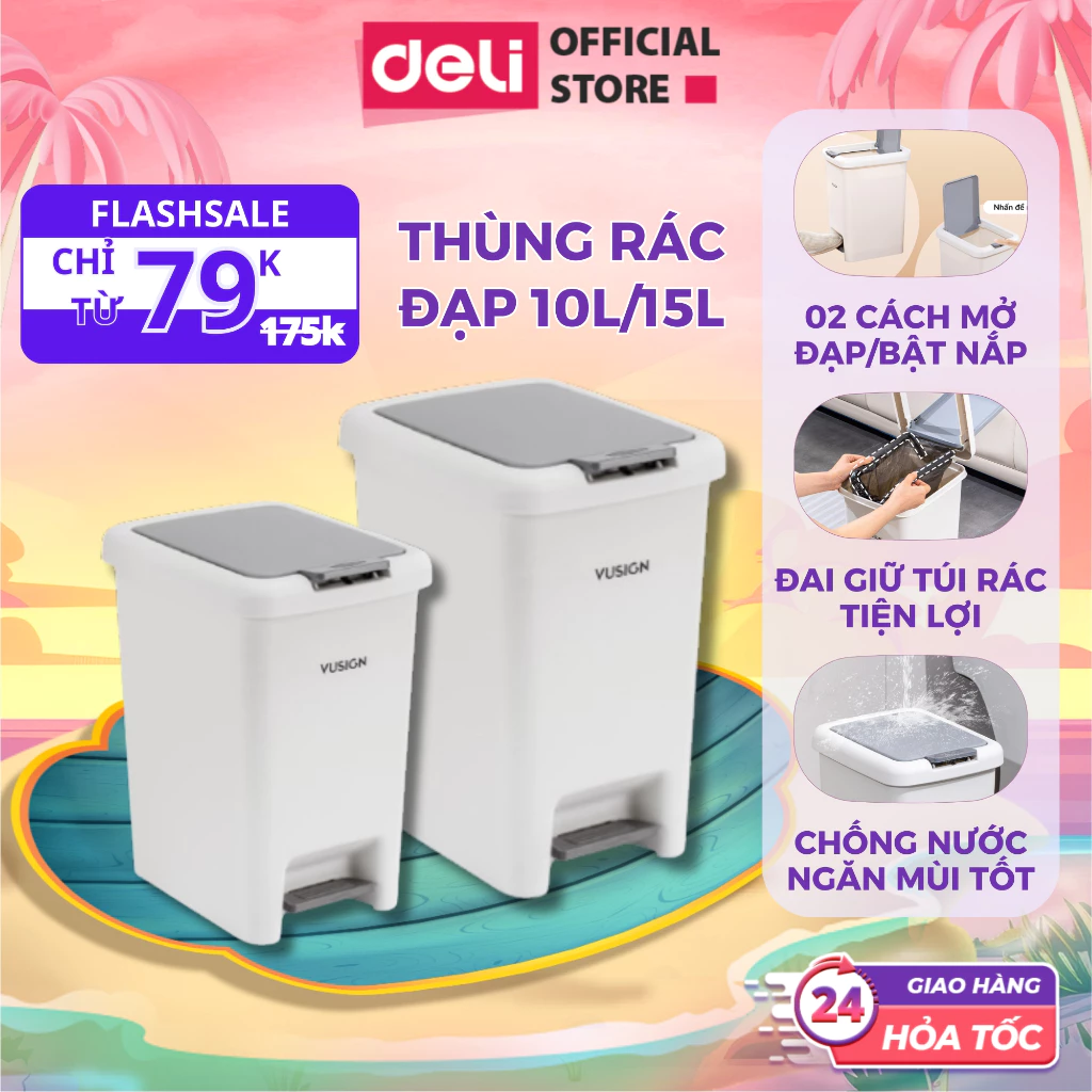 [MỚI] Thùng Rác Đạp Chữ Nhật 10L/15L Deli Vusign Nhựa Nguyên Sinh Ngăn Mùi Tốt - Có Quai Cài Túi Rác