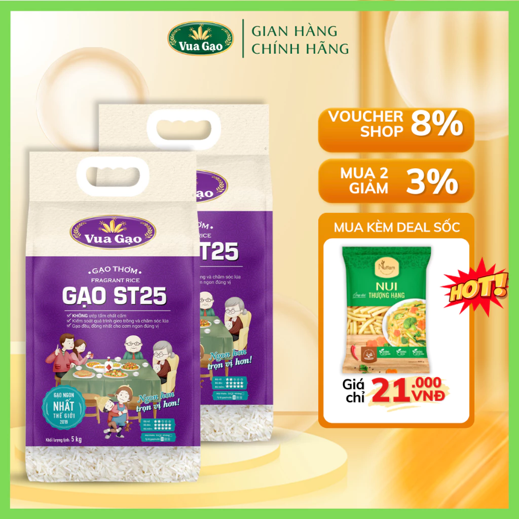 Combo 2 Túi Gạo ST25 5kg – Vua Gạo – Gạo Thơm Ngon, Dẻo Nhiều, Vị Đậm Đà – Top 1 Thế Giới 2023