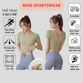 Áo cộc tay áo croptop đan dây lưng tập yoga gym erobic zumba pilate thể thao đan dây eo thời trang Rose Sportswear