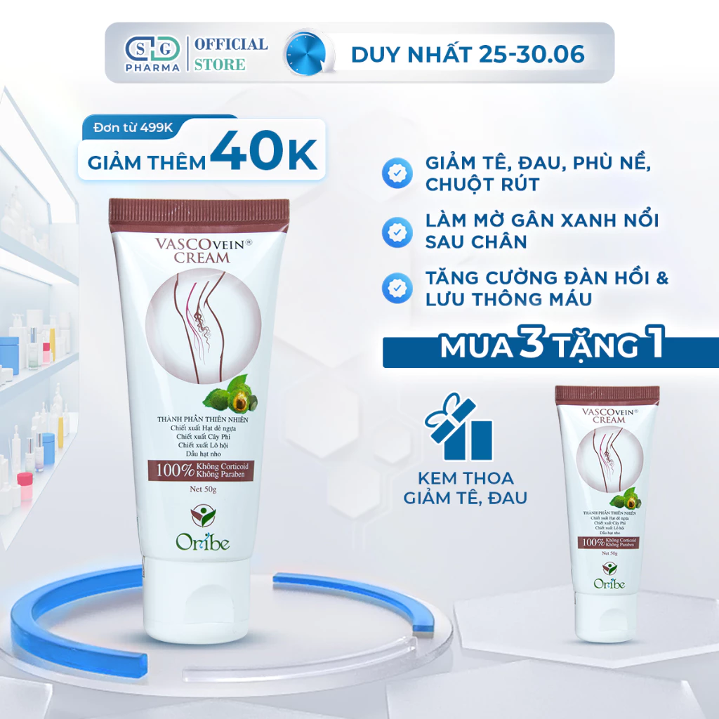 Kem thoa Giảm Sưng Đau, Tê Phù, Chuột Rút do Suy Giãn Tĩnh Mạch VASCOVEIN - Chiết xuất Hạt Dẻ ngựa nhập khẩu từ Ấn Độ