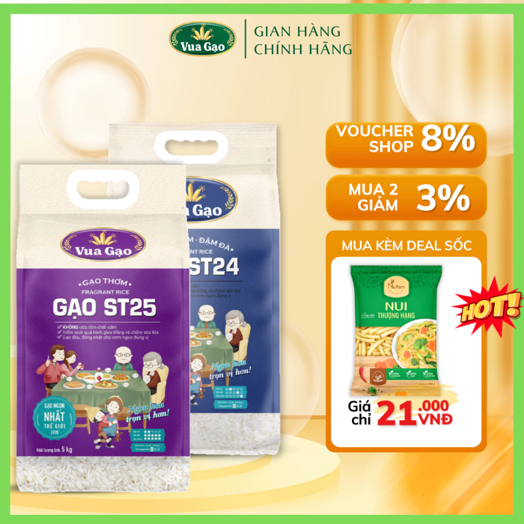 Combo Gạo ST25 và Gạo ST24 - Chính Hãng Vua Gạo - Túi 5kg (Cam kết date mới)