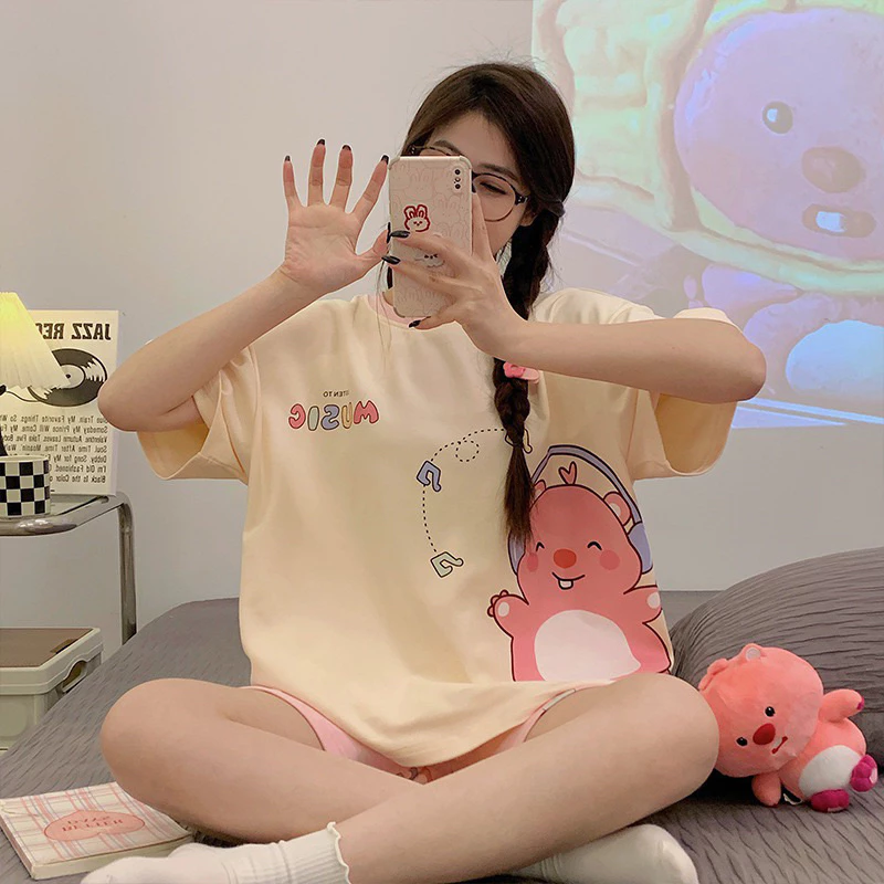 Bộ ngủ Bigsize nữ mặc nhà quần đùi vải thun cotton mịn mát mùa hè cute dễ thương Alibama BN05