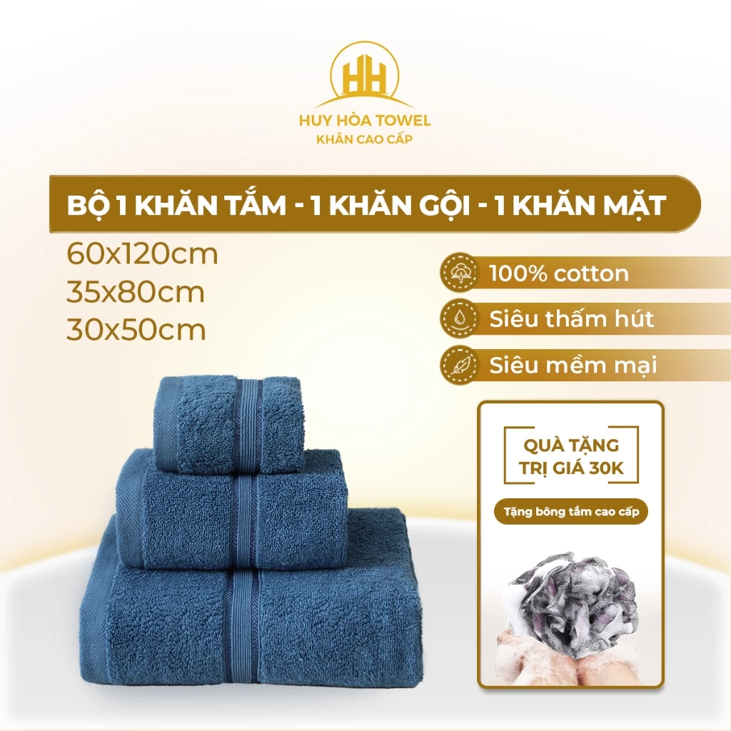 Bộ 3 khăn Huy Hòa Towel 100% cotton, thấm hút siêu tốt, không đổ lông, không phai màu và có độ bền cao