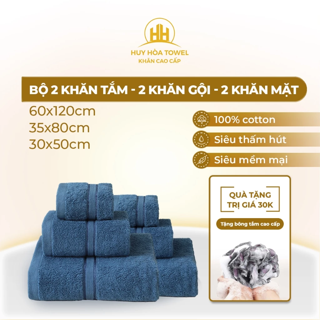 Bộ 6 khăn Huy Hòa Towel 100% cotton, thấm hút siêu tốt, không đổ lông, không phai màu và có độ bền cao