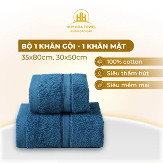 Bộ 1 khăn gội 1 khăn mặt Huy Hòa Towel 100% cotton, thấm hút siêu tốt, không đổ lông và độ bền cao