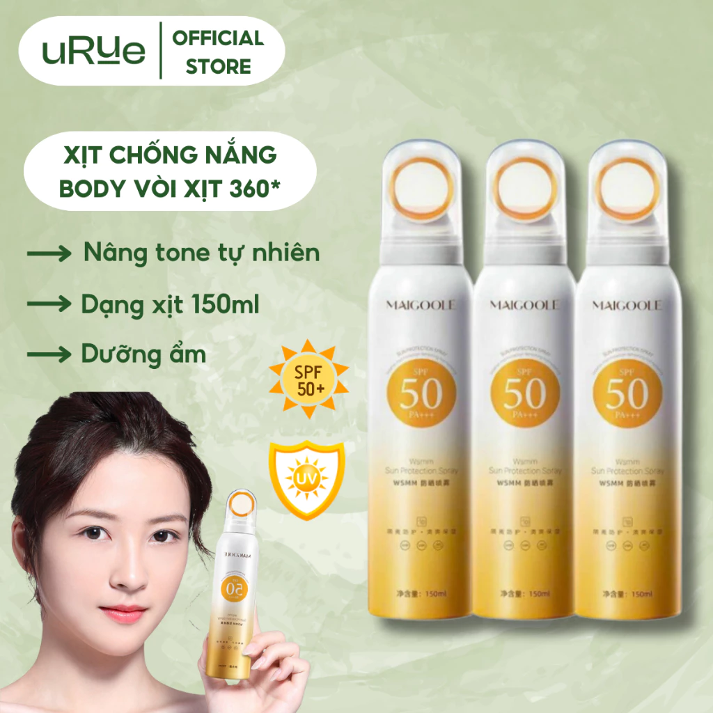 Xịt chống nắng body đầu phủ 360 độ SPF+ PA+++ URUE lọ 150ml, chai xịt dưỡng ẩm, làm trắng, nâng tone da