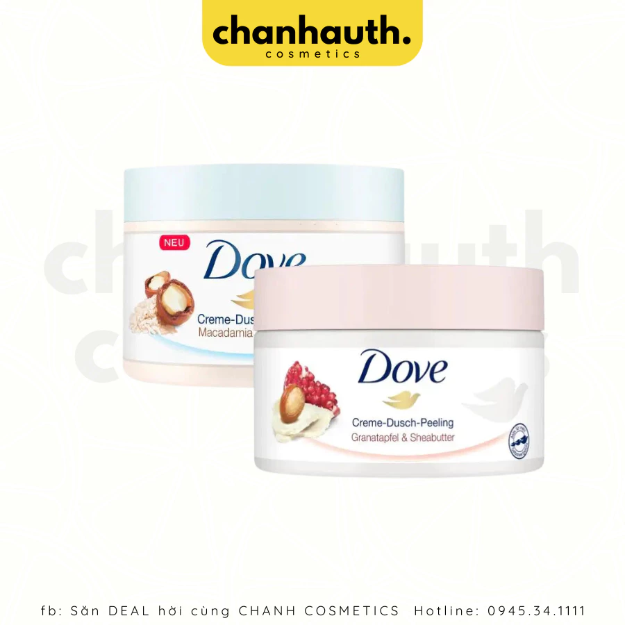 Tẩy da chết body Dove macca, lựu đỏ giúp da mịn màng bản Đức 225ml Chanh Auth Cosmetics