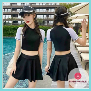 Đồ bơi bikini nữ kín đáo áo croptop phối tay trắng chân váy xòe có quần đùi bên trong.BKN039