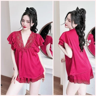 Bộ ngủ nữ BIGSIZE lụa Latin cao cấp mềm mại phối ren, đồ ngủ sexy BIGSIZE, bộ ngủ tay cánh tiên phối ren