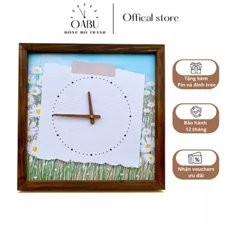Đồng hồ decor OABU treo tường gỗ, tranh canvas họa tiết hoa cúc họa mi cổ điển, vintage, khung vuông CHM01