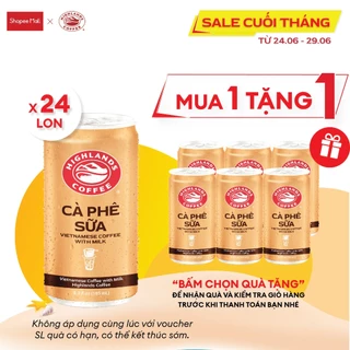 TẶNG 1 LỐC -  Thùng 24 Lon Cà Phê Sữa Đá Highlands Coffee 185ml tặng 1 lốc 185ml (quà hiển thị tại giỏ)