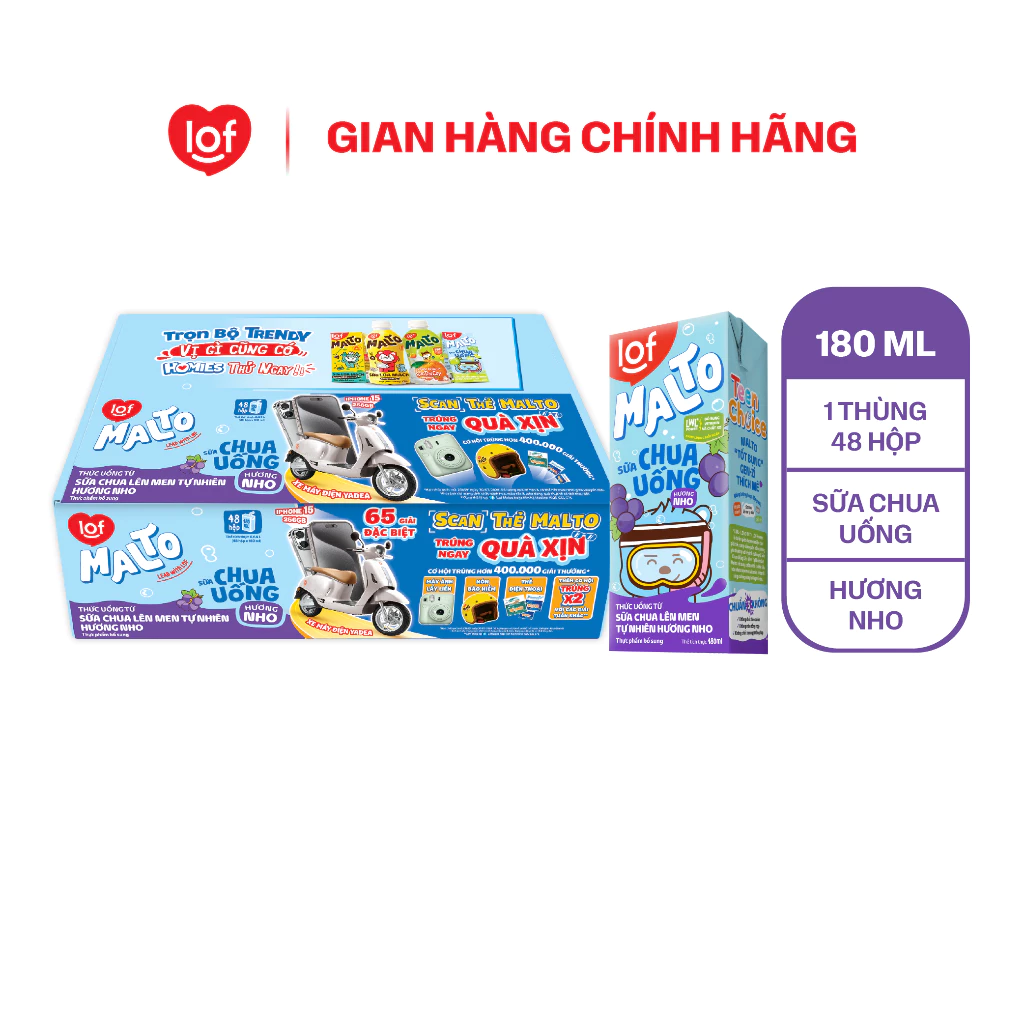 Lof Malto_Sữa chua uống hương nho thùng 48 hộp x 180ml