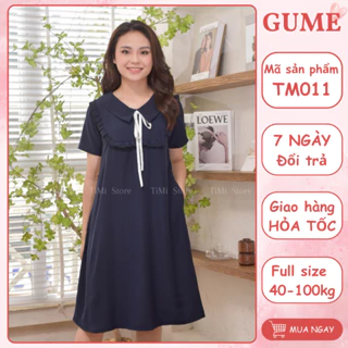 Đầm Bầu Thiết Kế-Váy Suông TiMi xanh than dáng suông cổ viền bèo phối nơ chất vải lụa size 40-100kg TM011