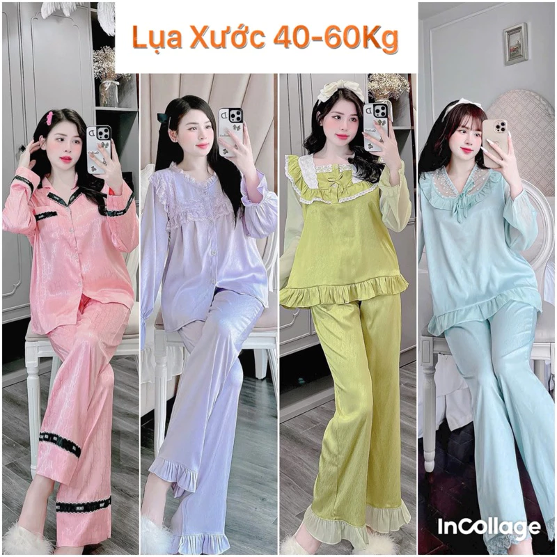 [Freesize 40-60kg]-Bộ ngủ tay dài quần dài lụa xước thiết kế cao cấp trơn