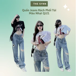 Quần Jean Nữ Ống Suông Form Rộng Phối Rách Túi Kiểu Màu Xanh Nhạt The Synn [QJ21]