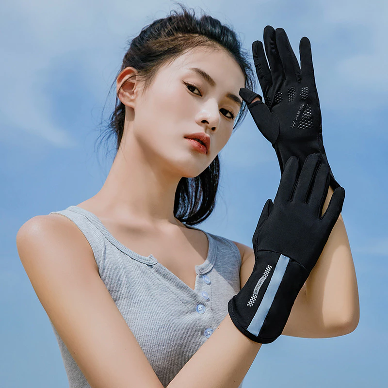 Găng Tay Lái xe Chống Nắng UV Hở Ngón Chống Trượt  Lụa Sọc cao cổ