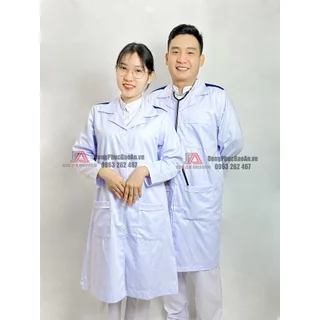 Áo Blouse NAM NỮ dài tay cổ vest Kaki có cầu vai xanh, Áo choàng Blu trắng Phòng Thí Nghiệm, sinh viên thực tập