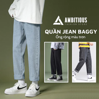 Quần Jean Nam Ống Suông Ambitious Store, Quần Jean Baggy Nam Ống Rộng Màu Trơn Chất Jean Mềm