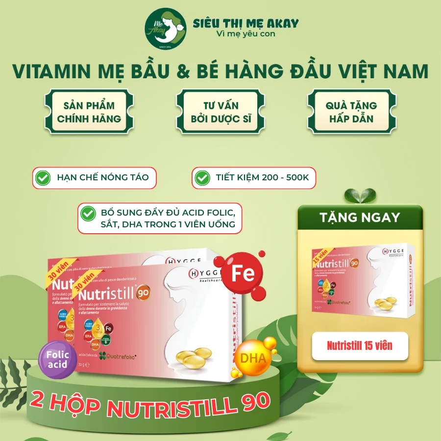 Vitamin bầu NUTRISTILL 90 - 2 hộp 30v, vitamin tổng hợp cho bà bầu, đầy đủ Sắt, DHA, Acid folic