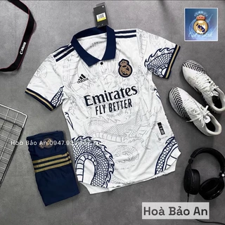Áo Bóng Đá CLB Bóng Đá CLB Real Madrid màu trắng họa tiết rồng 2023/2024 họa tiết rồng vải gai thái cao cấp phom 43-90kg